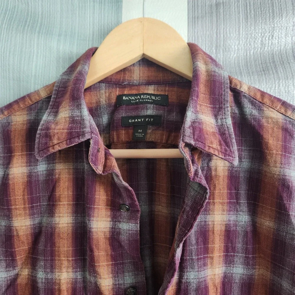 Banana Republic Grant Fit Luxe Flannel Shirt Mens M Purple Orange Plaid Cabin